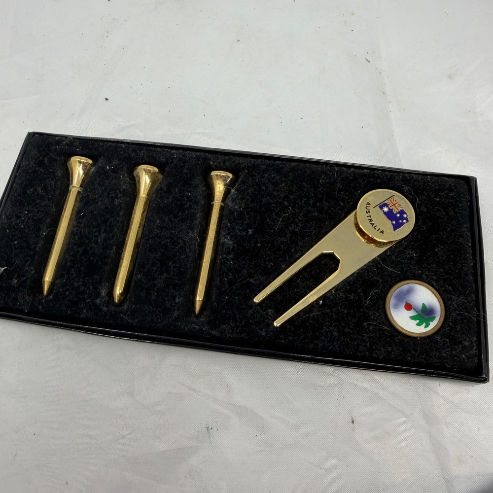 Vintage Gold Tone Australia Golf Accessory Set Divot Tool Tees Ball Marker Boxed